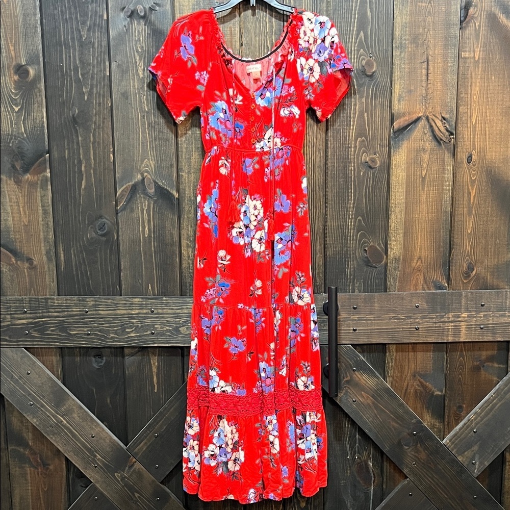 Band of Gypsies Floral Maxi Dress XS‎ Red Babydoll Y2K Ruffle Boho Lace Flowy